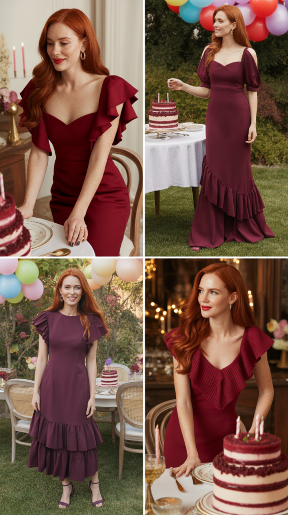 Berry-Toned Dress with Ruffle Details
