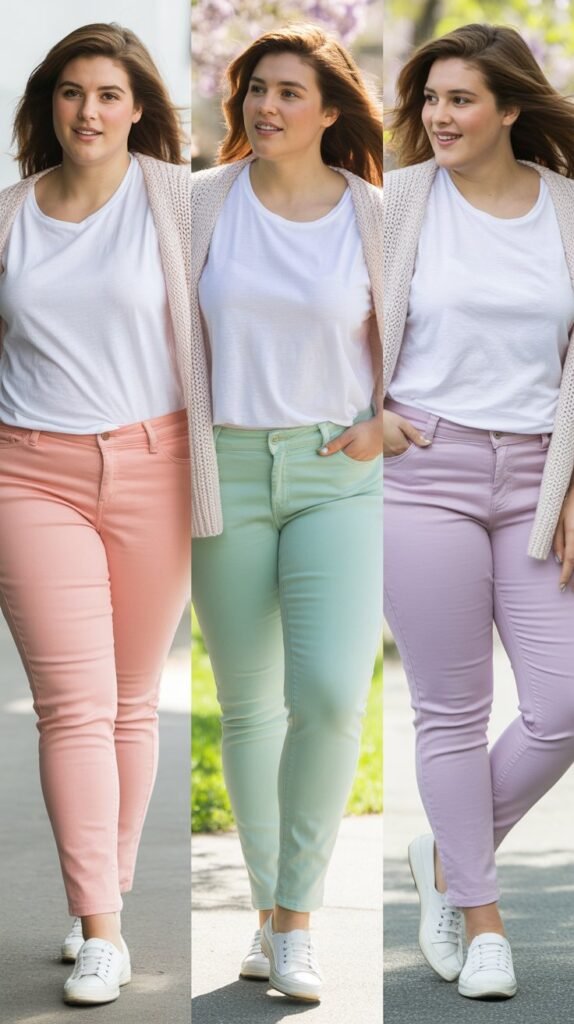 Colored Skinny Jeans with White Tee and Cardigan