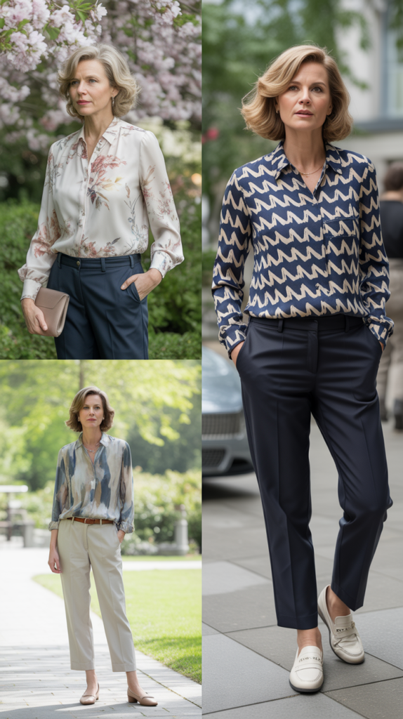 Printed Blouse with Solid Color Pants