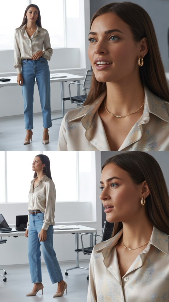 Medium Wash Jeans with Printed Blouse