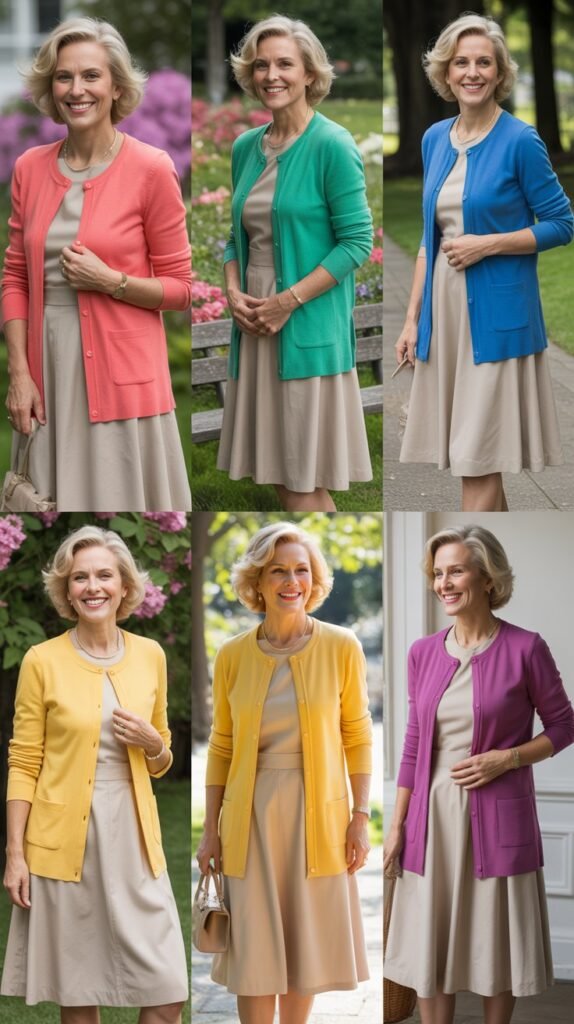 Colorful Cardigan with Neutral Dress