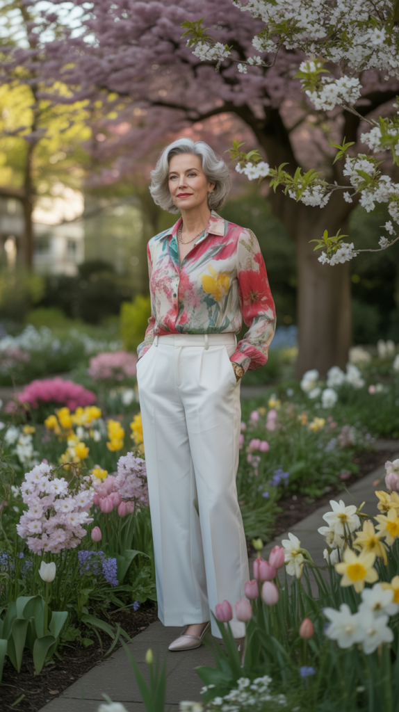 Floral Print Blouse with White Wide-Leg Pants