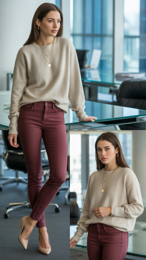 Colored Jeans with Neutral Top