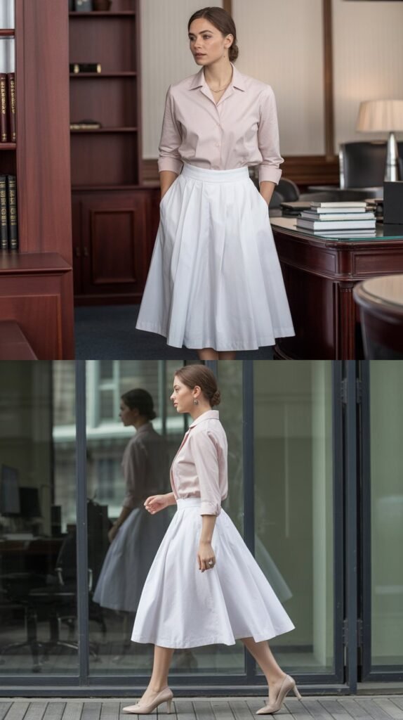  Cotton Poplin A-Line Skirt with Tucked Blouse