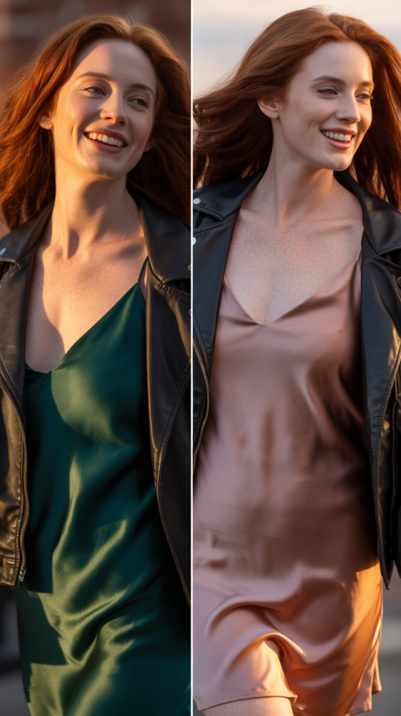 Satin Slip Dress With Leather Jacket