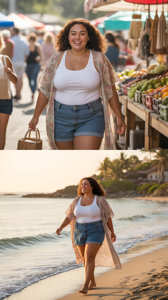 Printed Kimono Over Tank and Denim Shorts