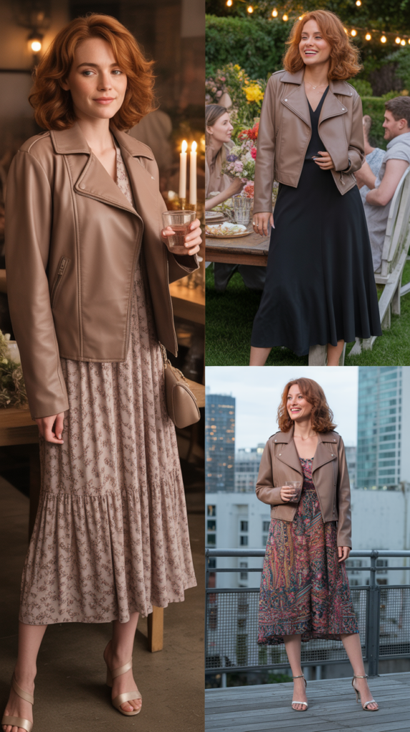 Taupe Leather Jacket with Midi Dress