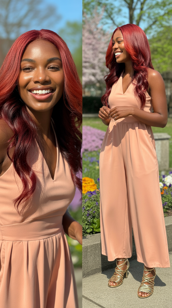 Peach Jumpsuit with Metallic Gold Sandals