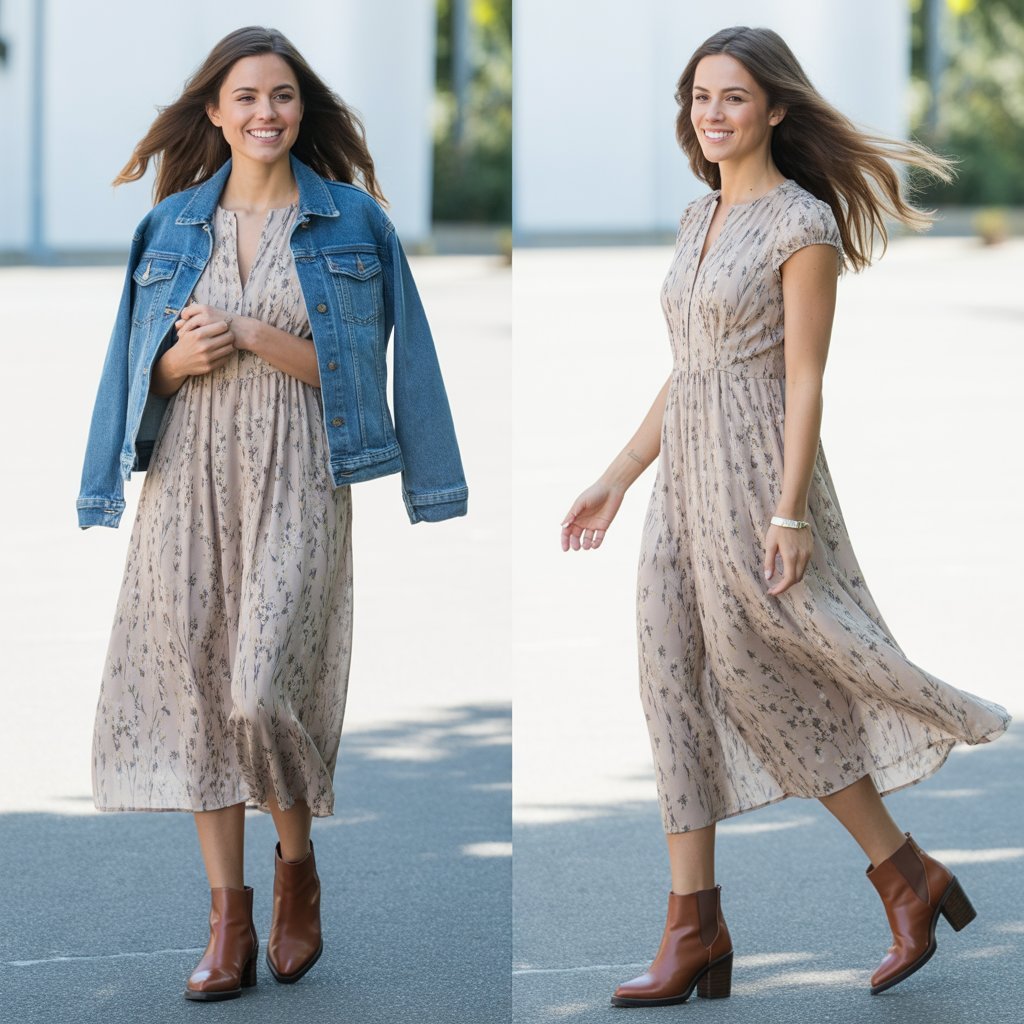Midi Dress with Denim Jacket and Boots