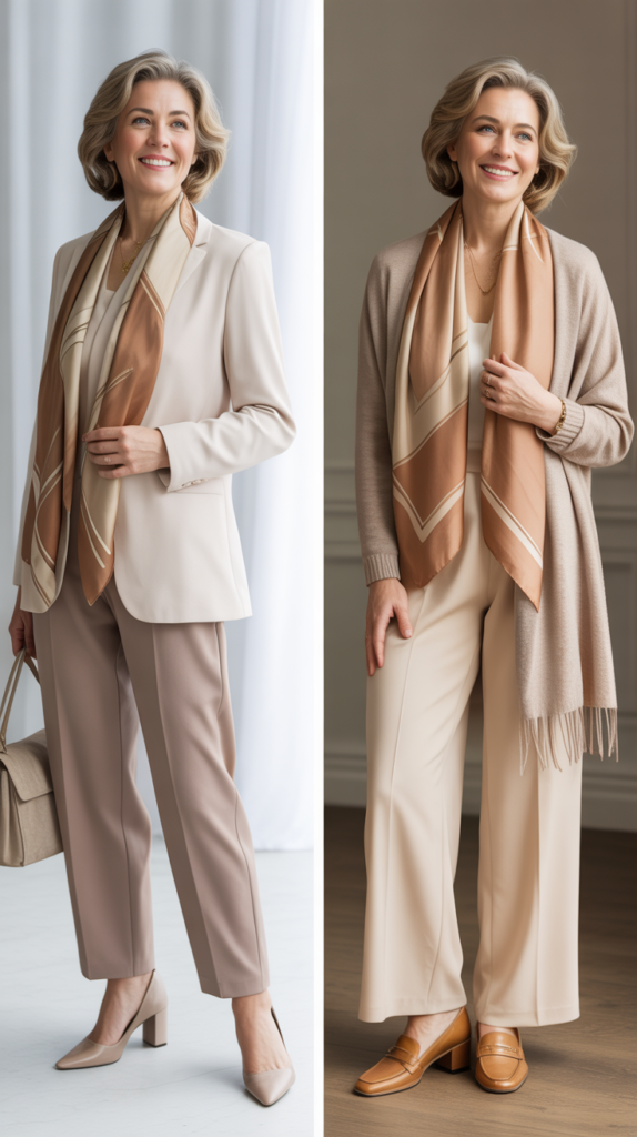 Silk Scarf Styled with Neutral Outfit