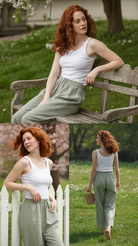  Sage Green Linen Pants with White Tank