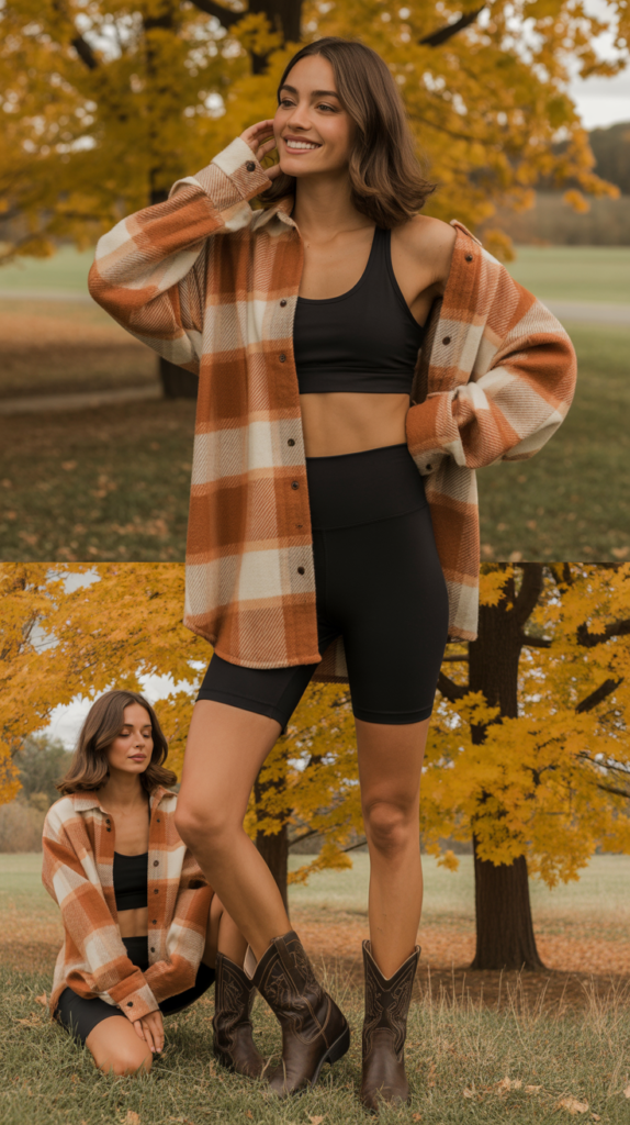 Oversized Flannel with Bike Shorts and Cowboy Boots