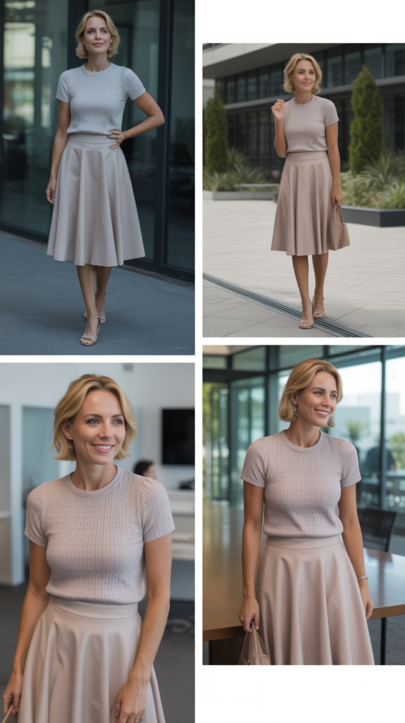 Breathable Knit Top with A-Line Skirt