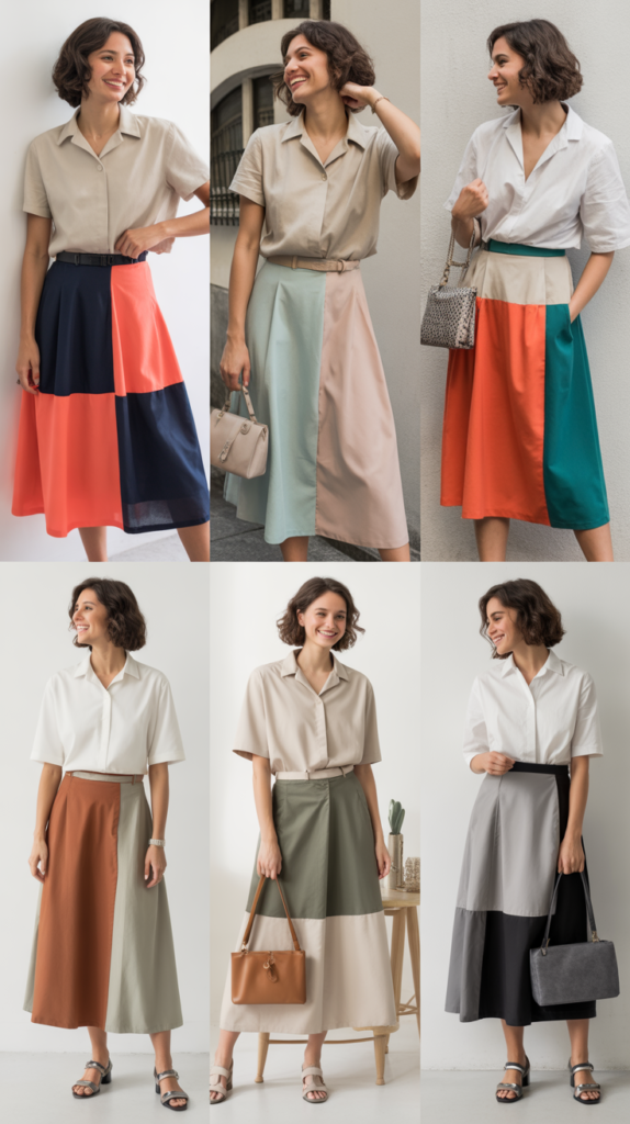  Color-Blocked Skirt with Neutral Top