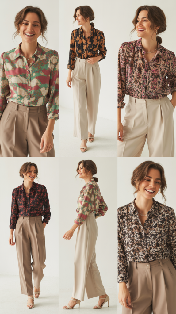 Printed Blouse and Neutral Bottoms