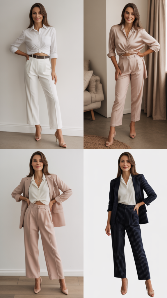 High-Waisted Trousers with Tucked Blouse