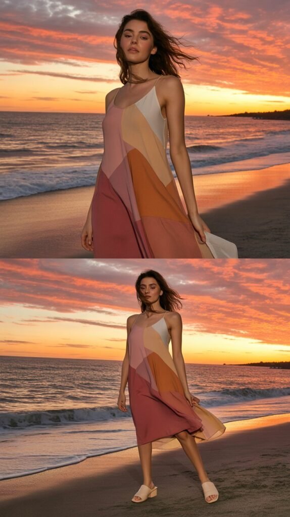 Sunset Color Block Dress with Neutral Slides