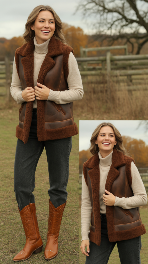 The Shearling Vest Over Turtleneck and Jeans