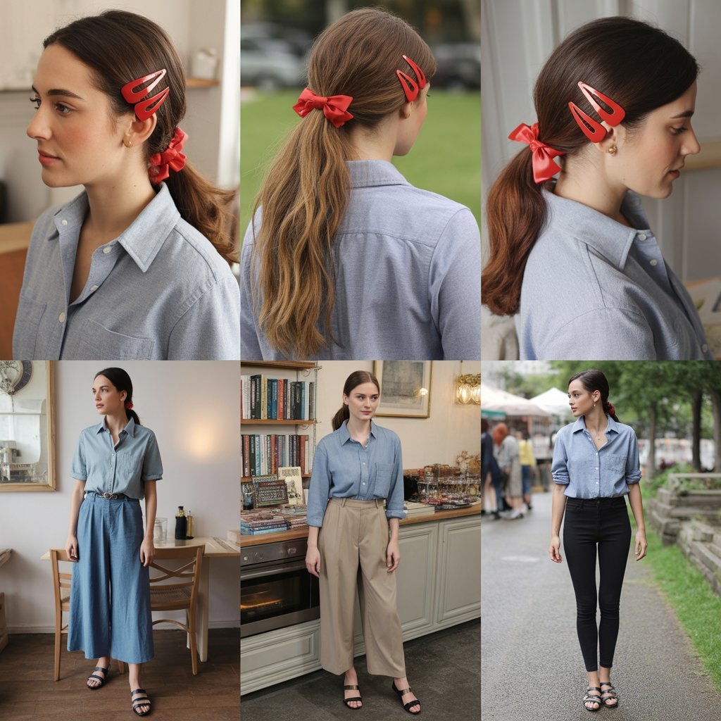 Red Barrette with Chambray Shirt