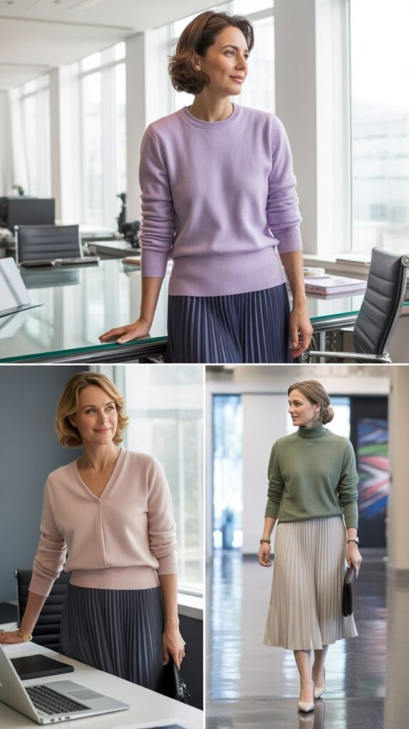 Spring Sweater with Pleated Midi Skirt