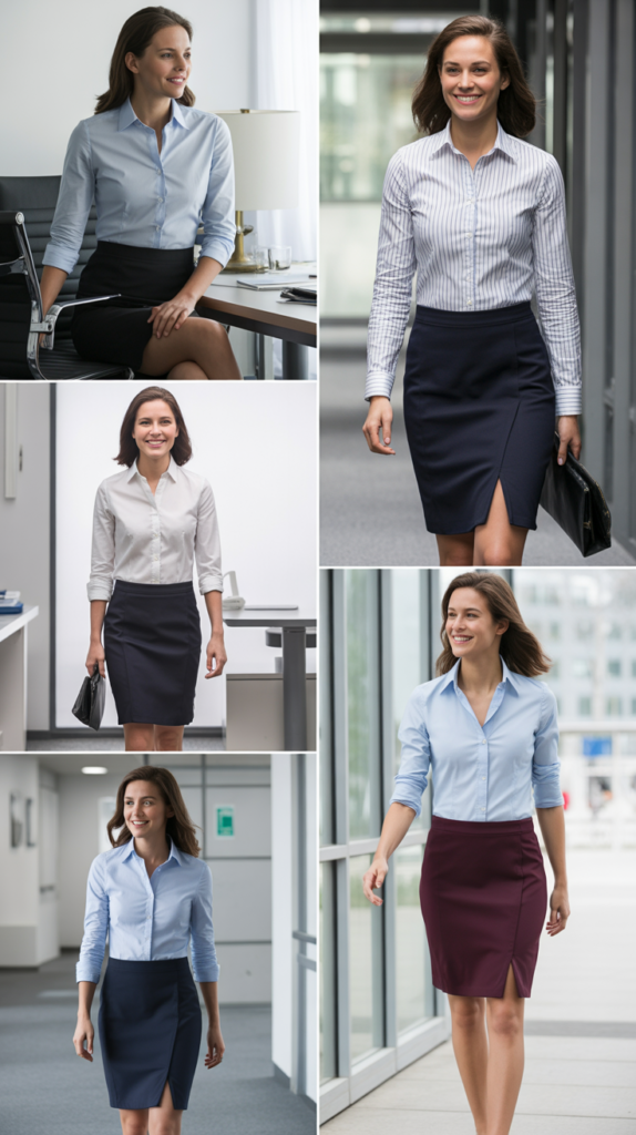 Ponte Knit Skirt with Button-Down Shirt