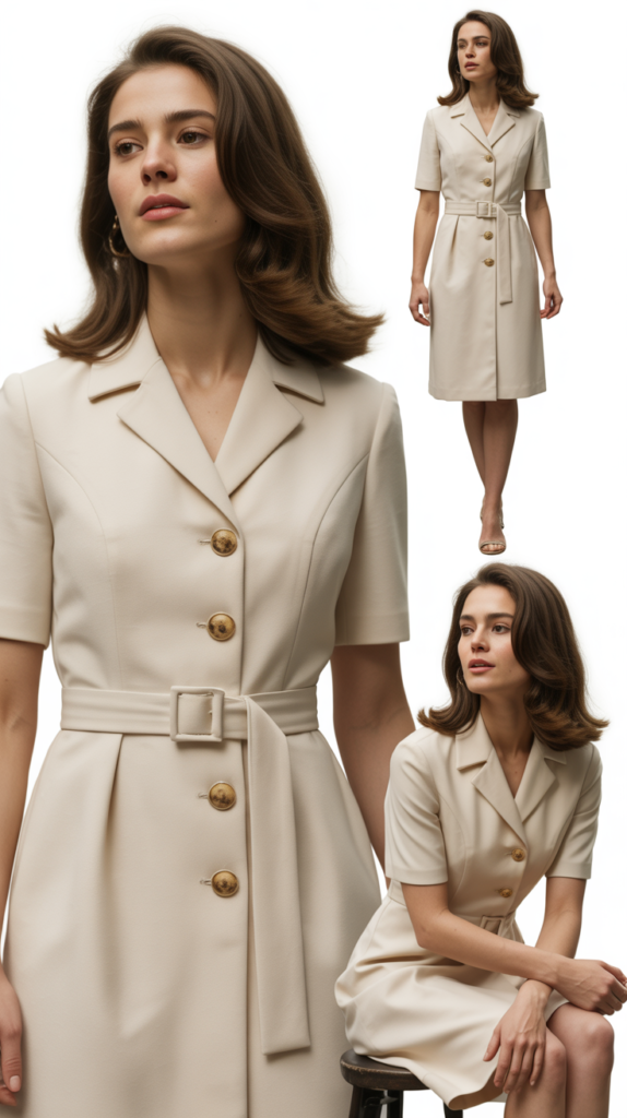 Cream Belted Dress with Gold Buttons