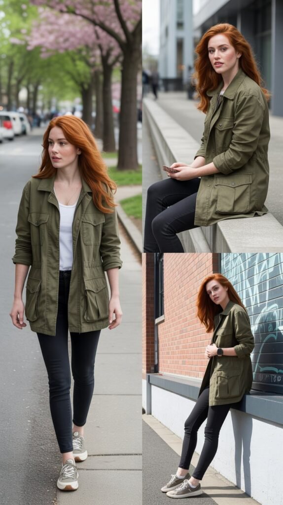Olive Green Utility Jacket with Black Leggings