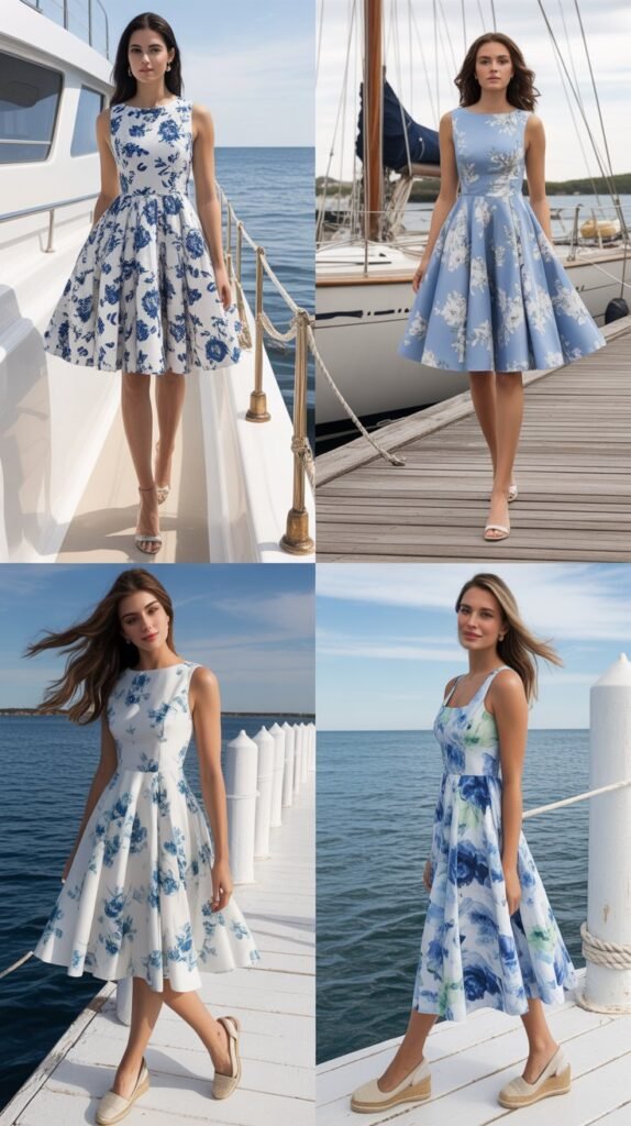 Blue and White Floral Fit-and-Flare Dress