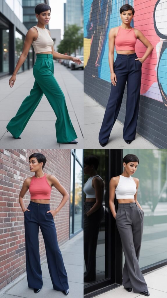 High-Waisted Wide-Leg Trousers with Crop Top