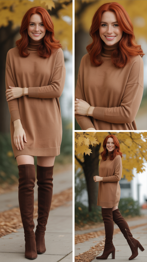 Camel Sweater Dress with Over-the-Knee Boots