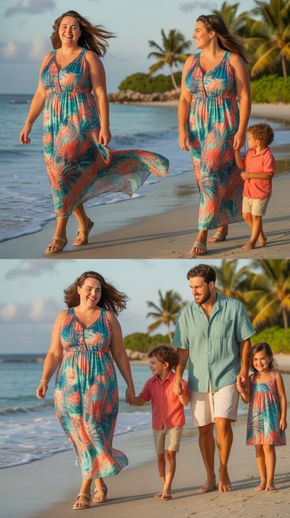 Tropical Print Maxi Dresses with Simple Sandals