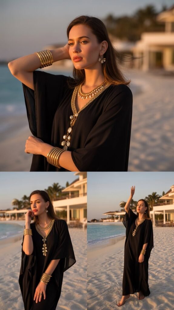 Black Kaftan Dress with Gold Accessories
