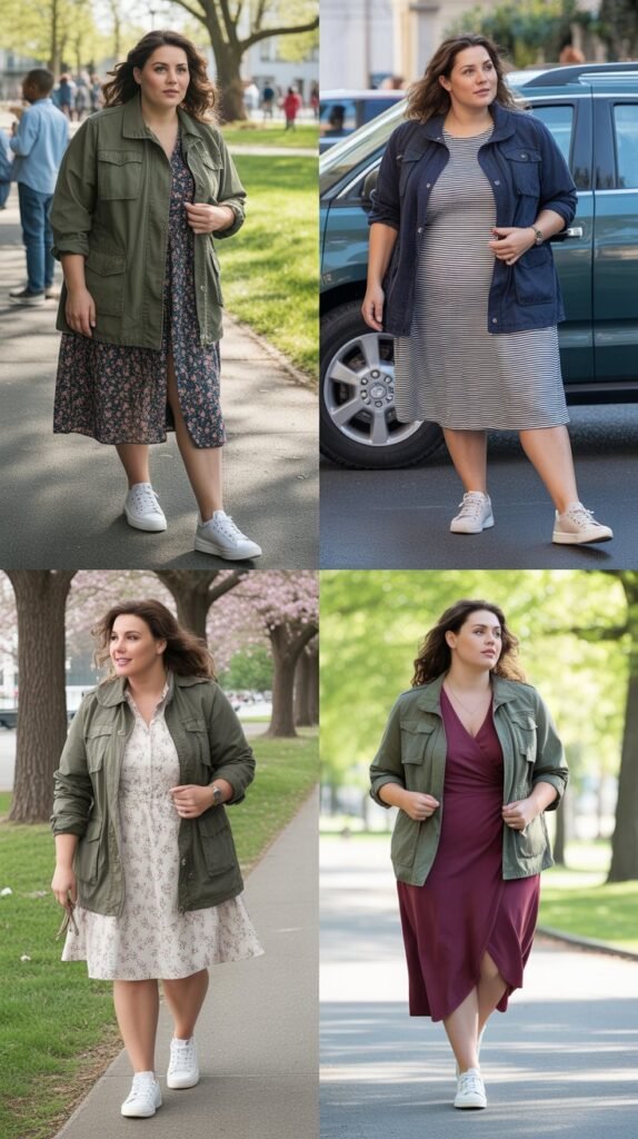  Utility Jacket with Dress and Sneakers