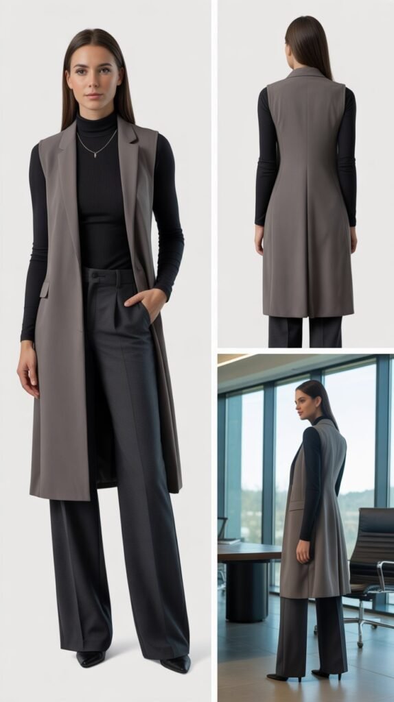 Longline Vest Over Turtleneck and Pants