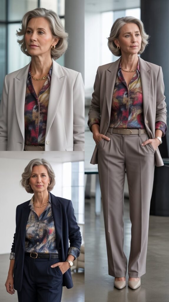  Printed Blouse with Neutral Blazer and Pants