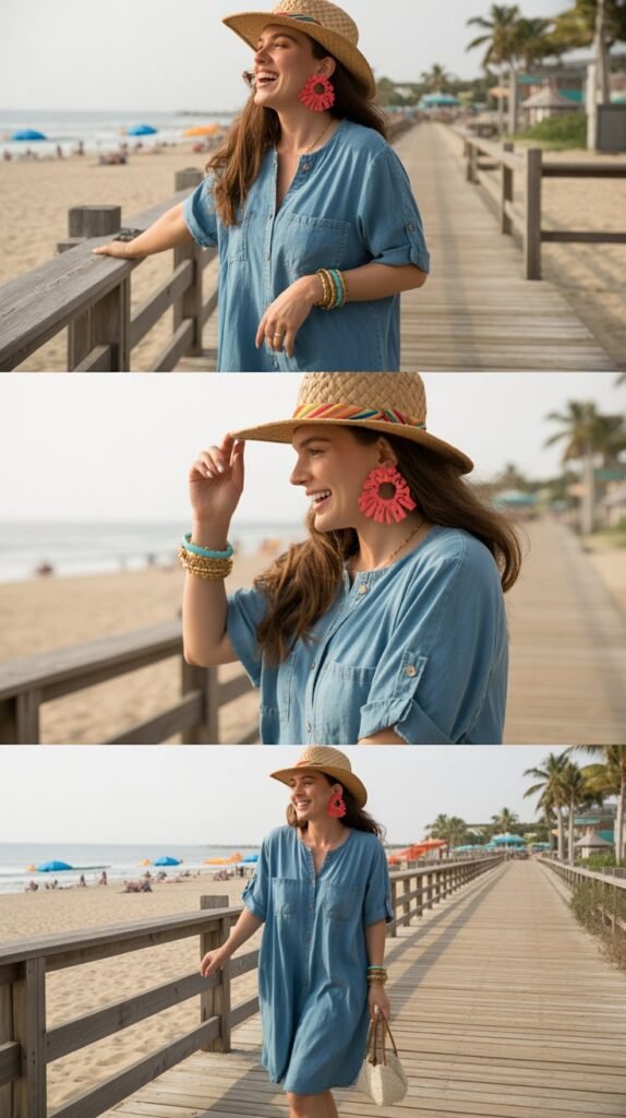 Denim Dress with Bright Accessories