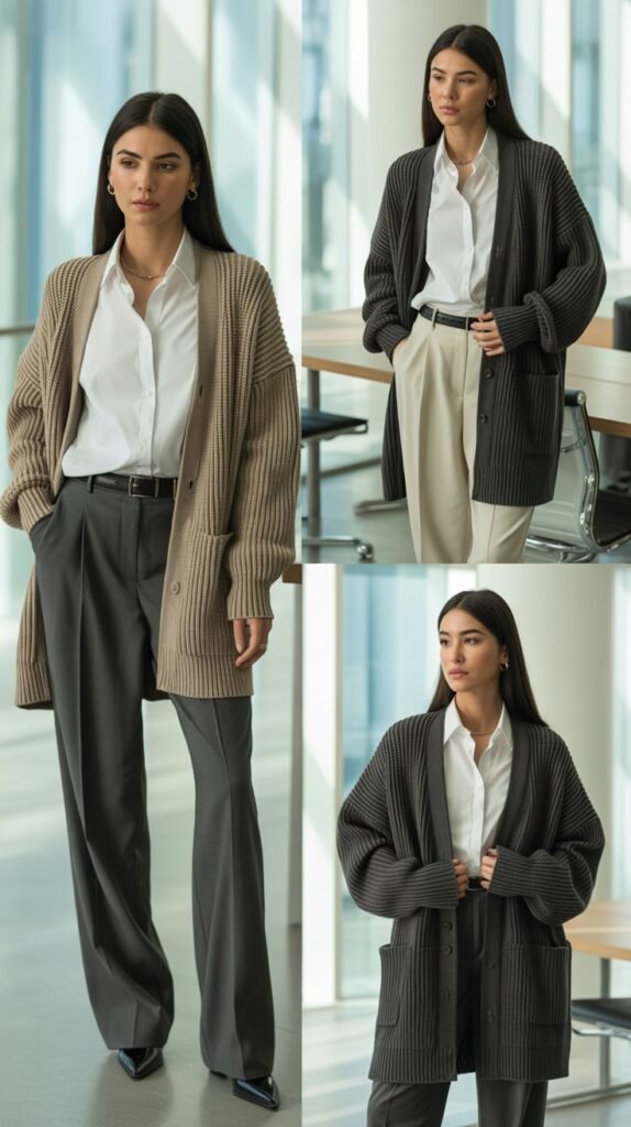 Chunky Knit Cardigan Over Tailored Shirt