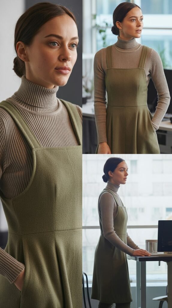 Turtleneck Layered Under Pinafore Dress
