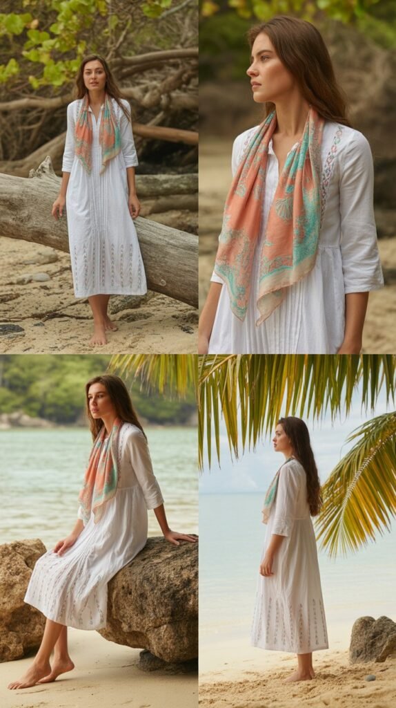 Embroidered White Cotton Dress with Colorful Scarf