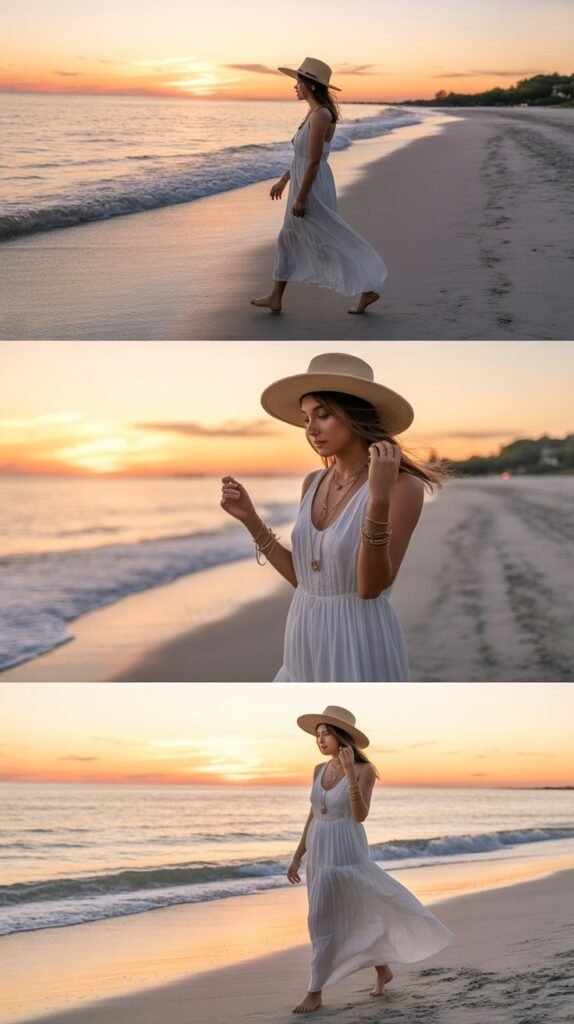 Classic White Maxi Beach Dress with Straw Accessories