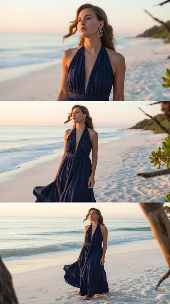  Navy Blue Halter Maxi with Statement Earrings
