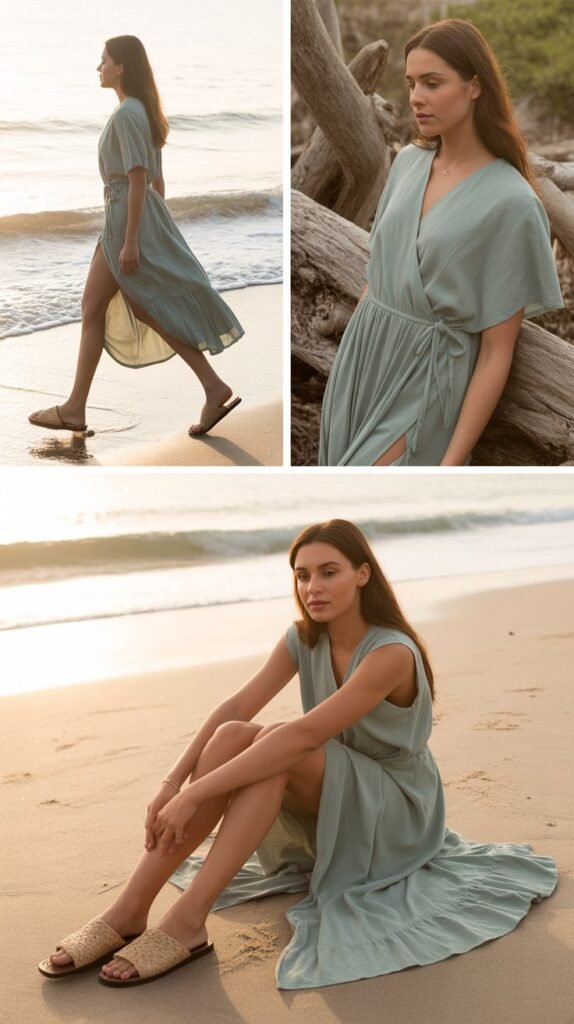 Sage Green Wrap Dress with Natural Woven Flats