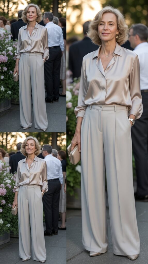  Wide-Leg Pants with Silk Blouse