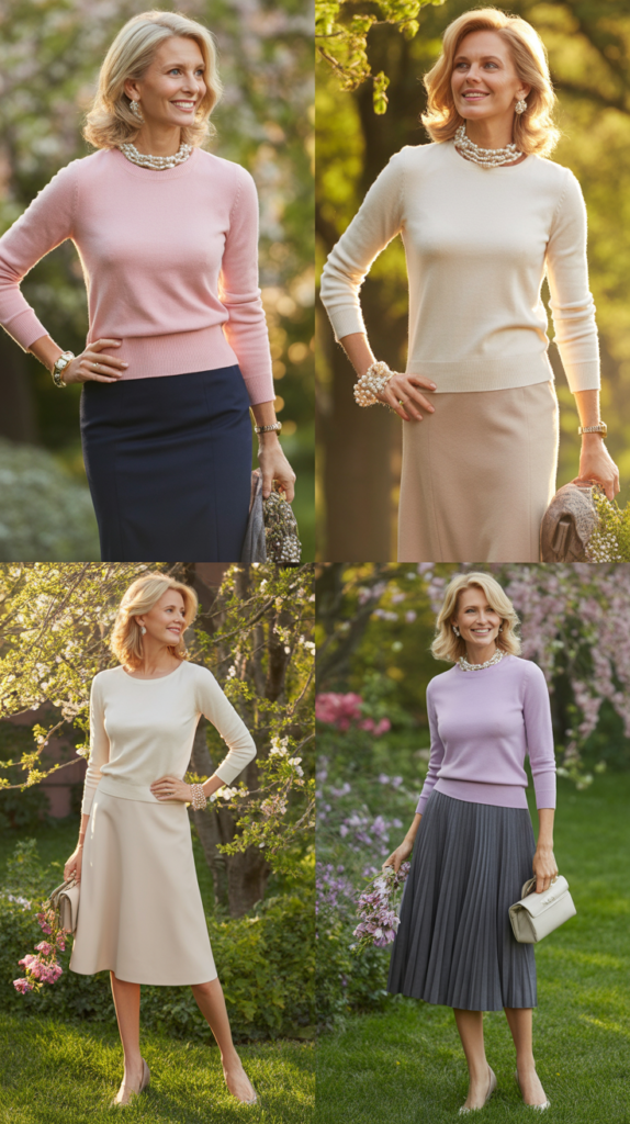 Soft Cashmere Sweaters with Tailored Skirts