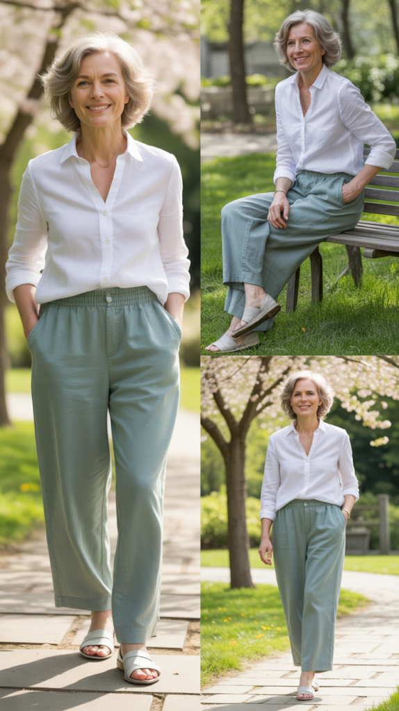 Relaxed Linen Pants with Tucked-In Blouse