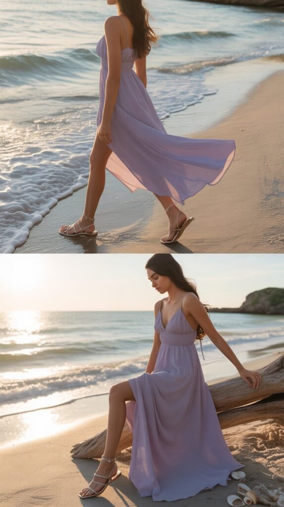  Lavender Chiffon Dress with Silver Sandals
