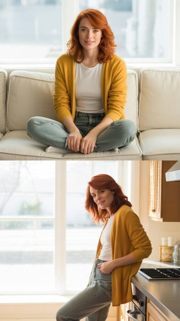 Mustard Yellow Cardigan with Gray Jeans