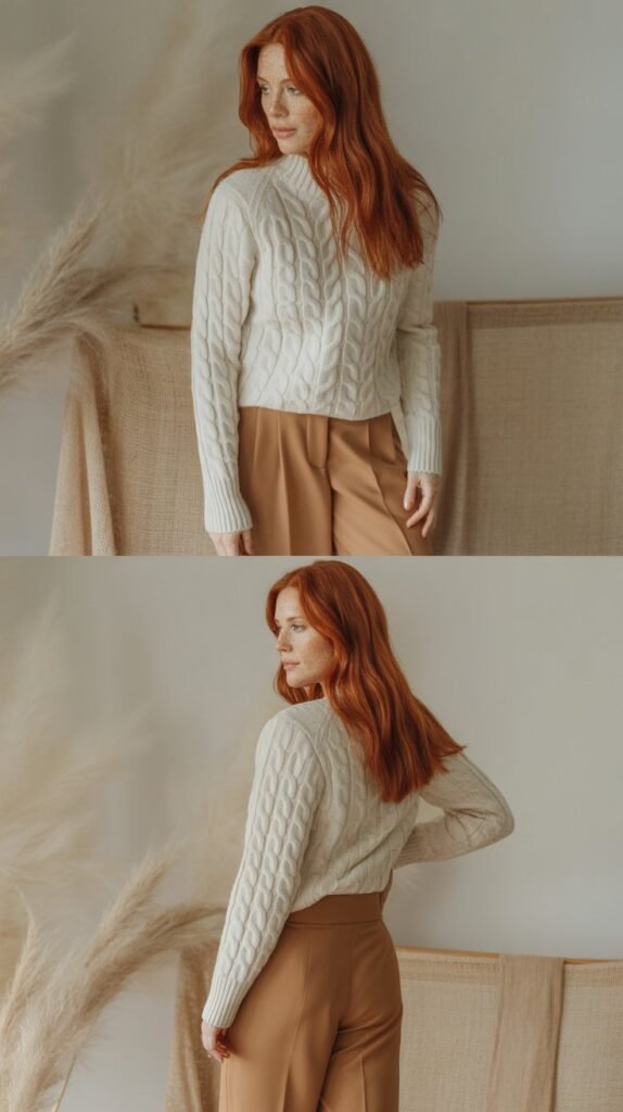 Cream Cable Knit Sweater with Camel Pants