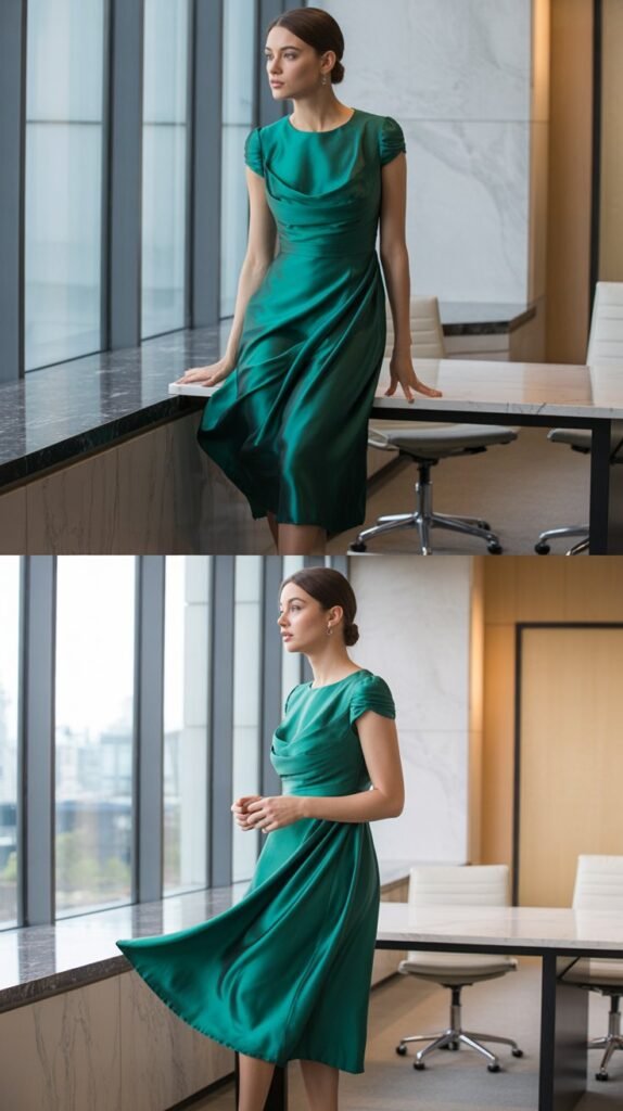 Silk Blend Midi Dress with Cap Sleeves