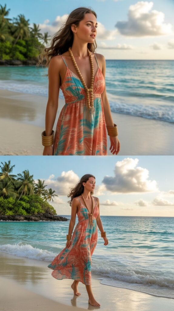 Coral and Turquoise Print Dress with Wooden Accessories